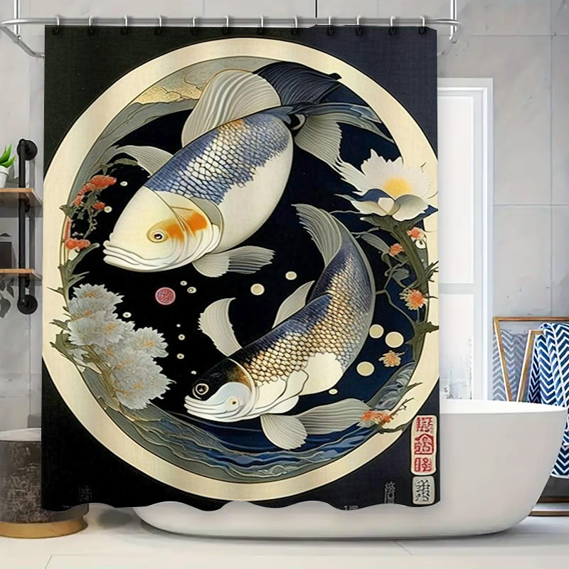 Japanese Home Bathroom Design - Tirai Mandi Gambar Ikan Jepang Antik